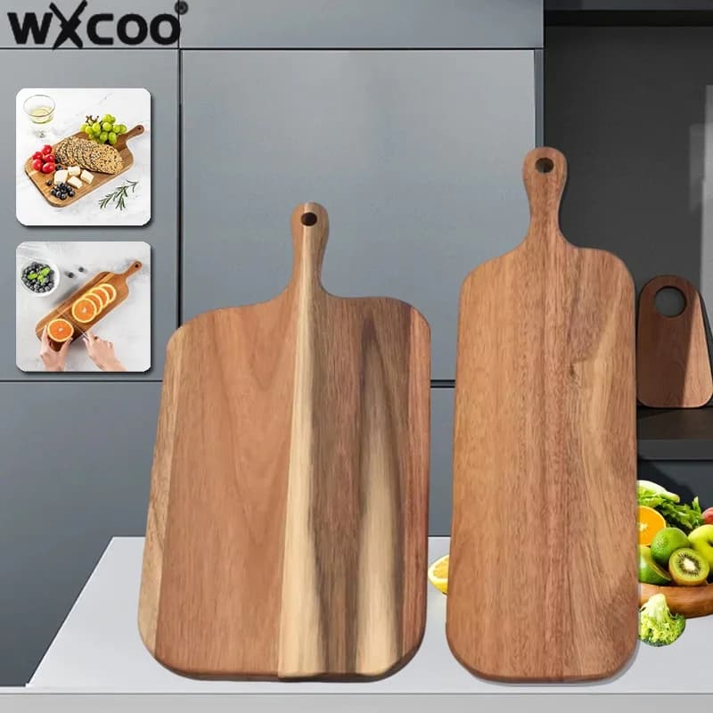 WXCOO 1pz Vassoio per Torte e Dessert con Manico Lungo, Tagliere in Legno di Acacia, Tagliere in Legno Massiccio per Cucina, Accessori da Cucina