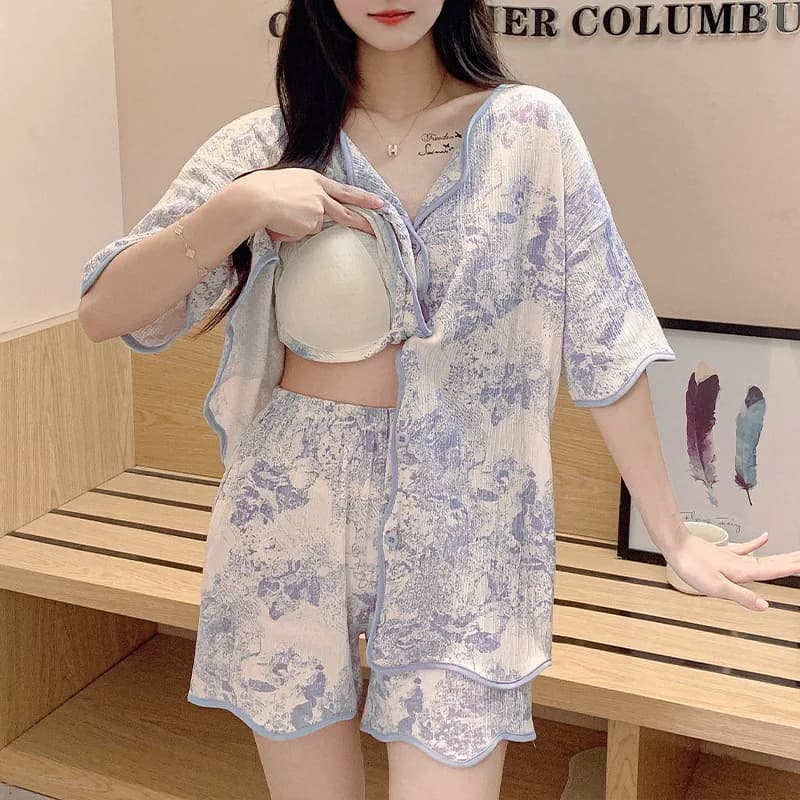2 Pieces Set Cotton Women's Cardigan Pajamas Set with Bra Pad 2024 Summer Sleepwear Shorts Korean Fashion Loungewear Set Pijamas