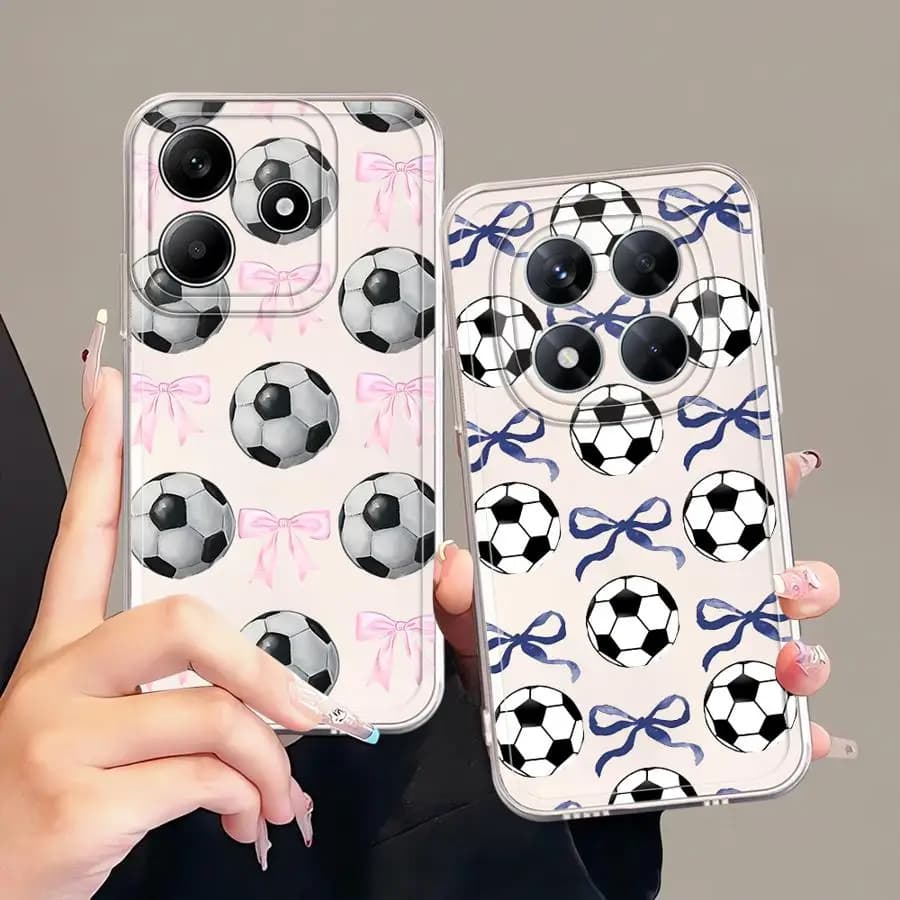 Cover Morbida per Xiaomi Redmi Note 14 Pro Plus 11S 12 11 9 10 13C 12S Note 13 10S A4 14C con Motivo Fiocco Rosa e Pallone da Calcio