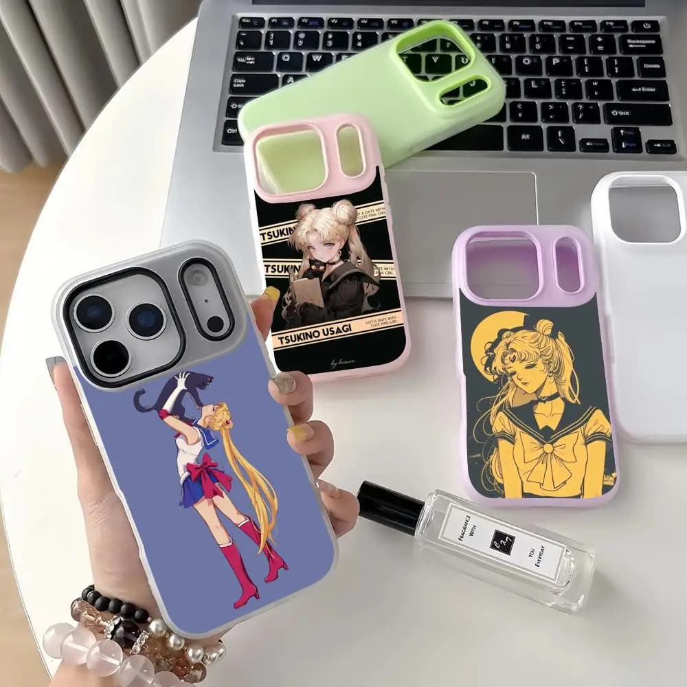 Custodia per telefono Sailor Moon simpatica, custodia per iPhone 17 16 15 14 Pro Max, in cristallo a doppio strato, liquida brillante, di lusso