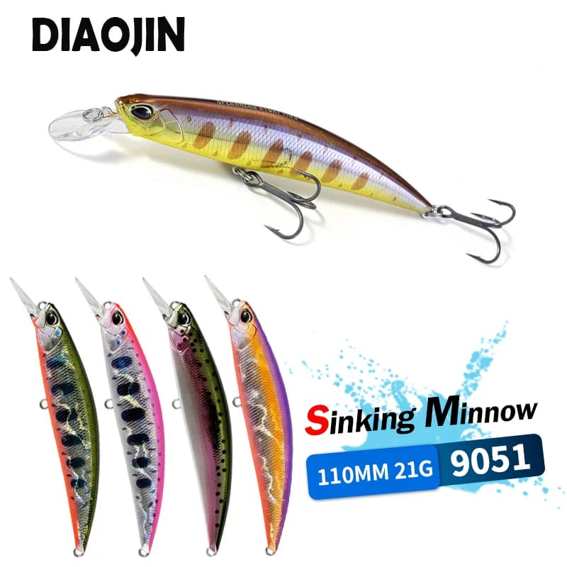 110mm 21g Pesante Affondamento Minnow A lungo raggio RYUKI 110S Esca da pesca per spigola Leurre de peche Twitch Minnow Forniture