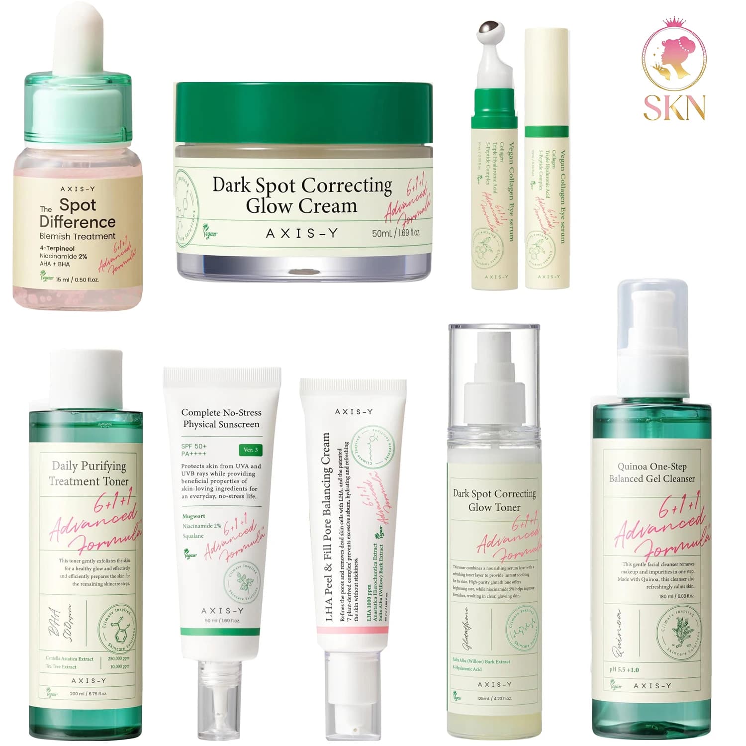 AXIS-Y Siero Illuminante Correttore Macchie Scure + Siero Contorno Occhi al Collagene + Tonico Illuminante + Crema + Gel Detergente Viso Idratante Cura della Pelle