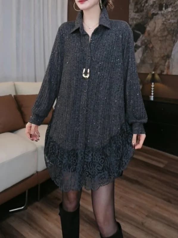 Elegante Camicetta Coreana Unica con Collo Alto e Inserti in Pizzo Lucido, Stile Commuter, Calda, a Maniche Lunghe, in Poliestere