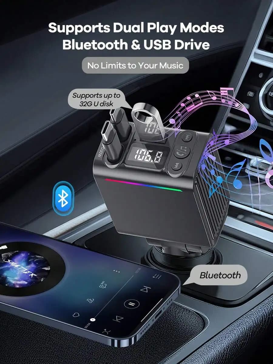 Caricabatterie per Auto Bluetooth con Luci RGB, Ricarica Rapida PD 30W, Chiamate e Musica Hands-Free BT 5.3, Supporto USB
