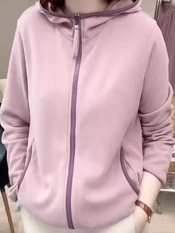 Autumn 2025 Women's Loose Fit Color Block Hoodie Cardigan Thickened Korean Style Commute Long Sleeve Zipper Closure Color