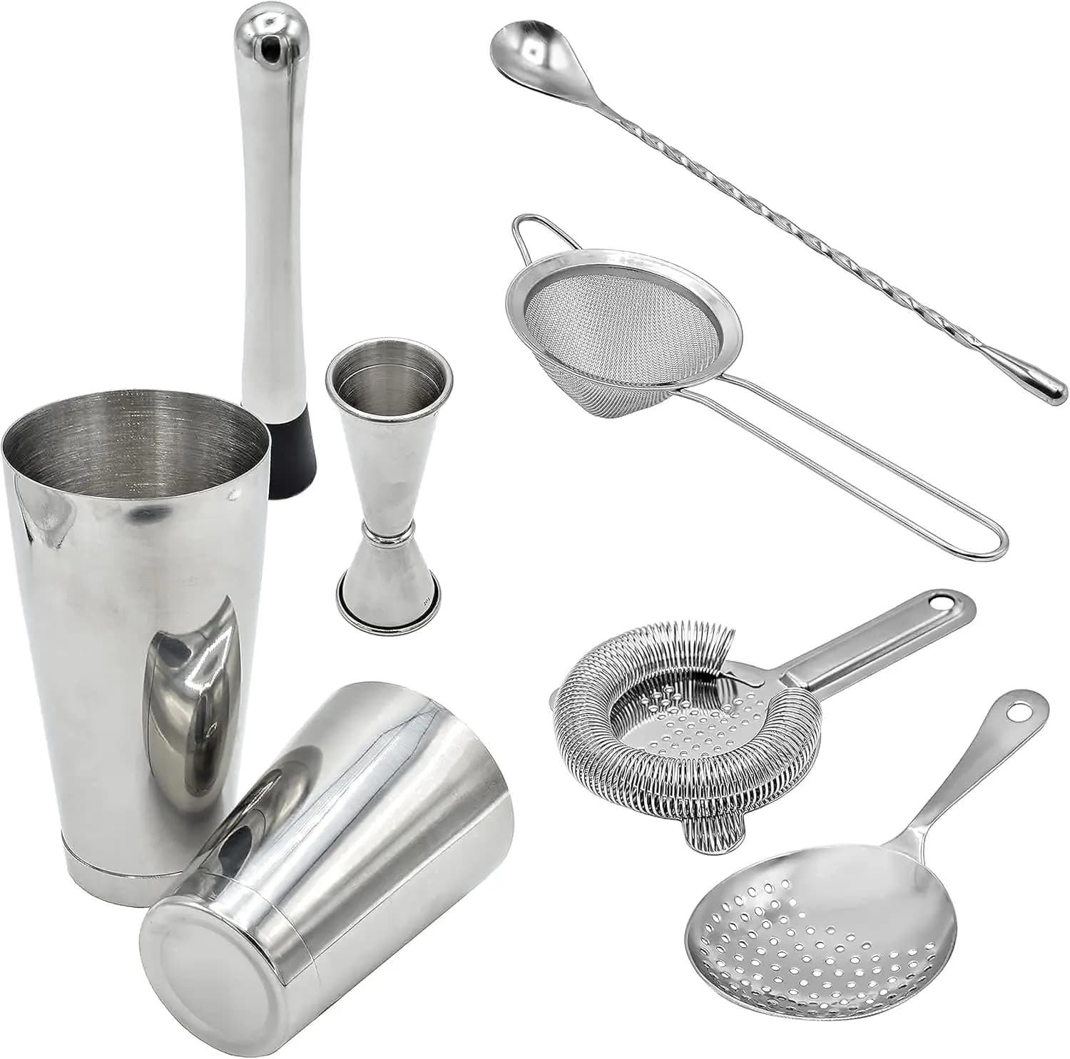 Set per Cocktail con Strainer e Shaker - Strainer Hawthorne, Strainer Julep, Colino a Maglia Fine, Cucchiaio per Mescolare, Shaker Boston