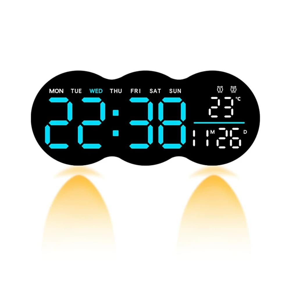 LED wall clock with colored ambient lighting and remote control; Displays multiple functions including time and temperature