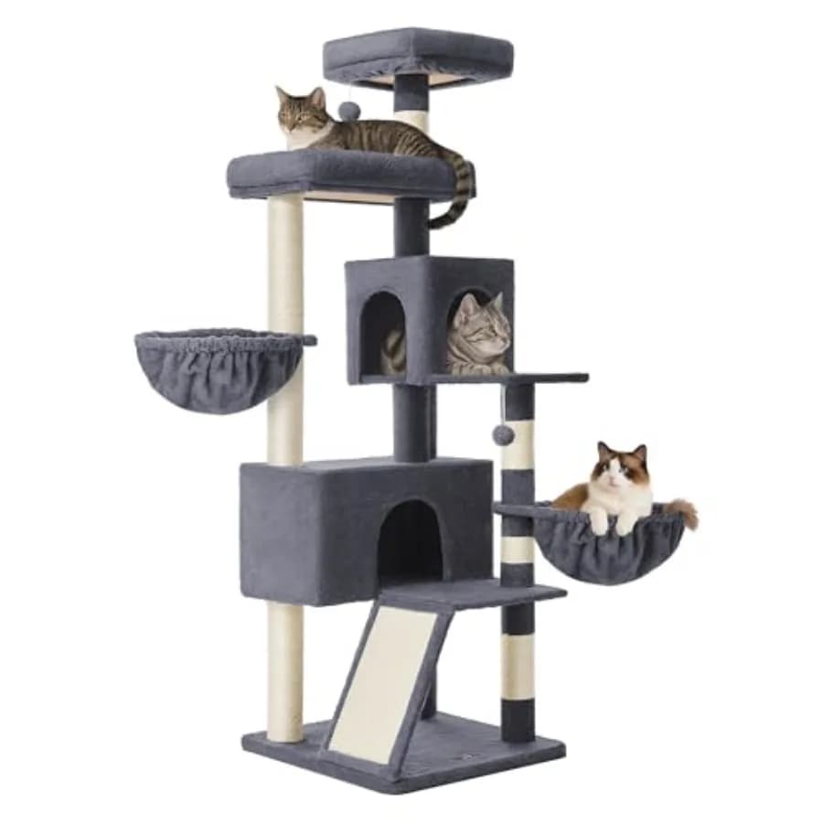 Albero per Gatti Alto 174 cm, Torre Multilivello con Cuccia in Peluche, Ampia Piattaforma, Tiragraffi e Doppie Grotte, Grigio Scuro UPCT006G02
