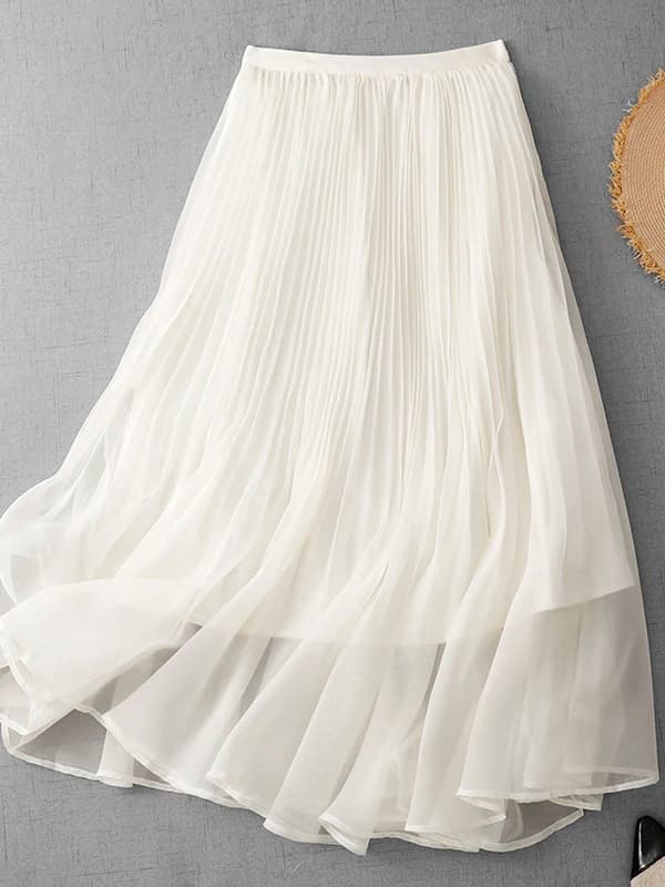 Elegant Mesh A-Line Skirt Women's Summer High Waist Long Length Draped Anti-Aging Double Layer Skirts Thin