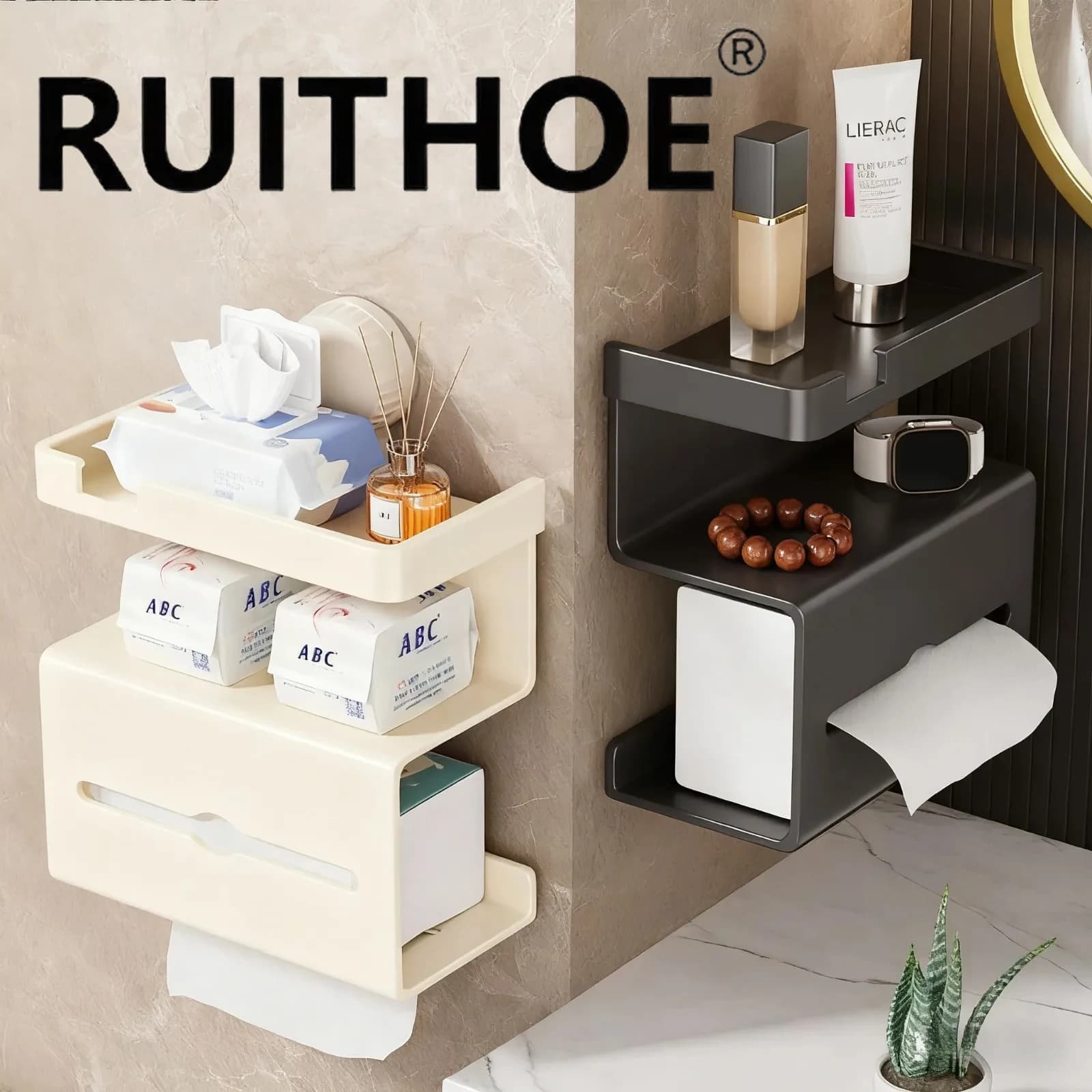 Wall Mounted Toilet Roll Paper Holder Bathroom Tissue Dispenser Suction Cup/Self-Adhesive with Storage Rack Easy to Install