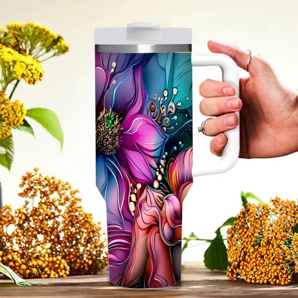 40oz Stainless Steel Insulated Tumbler with Handle and Straw, Multi-Color Options, Double-Wall Vacuum Insulated Travel Mug Keeps Drinks Hot for 6 Hours and Cold for 12 Hours, Leak-Proof Lid, Durable Spill-Resistant Cup for Car Travel, Office, Gym,