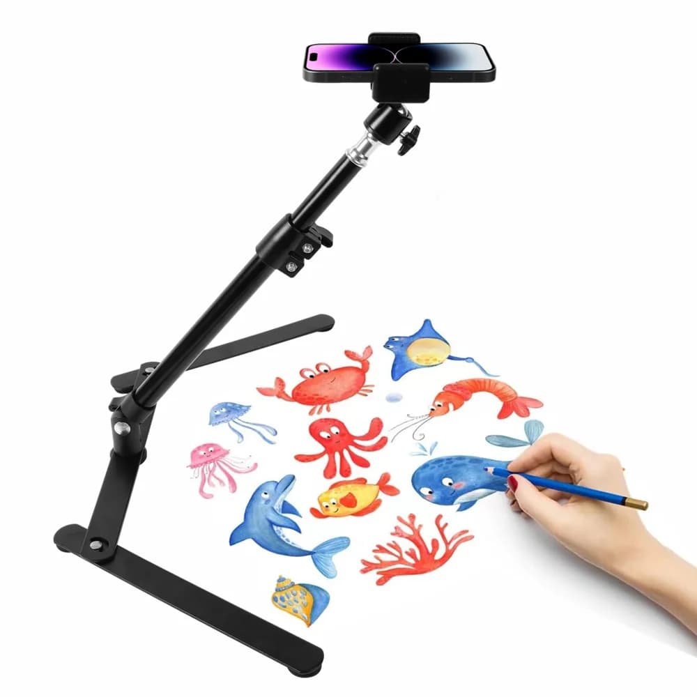 Supporto da Tavolo Pieghevole con Treppiede per Smartphone, Braccio con Porta Telefono per Fotografia e Riprese Video Live