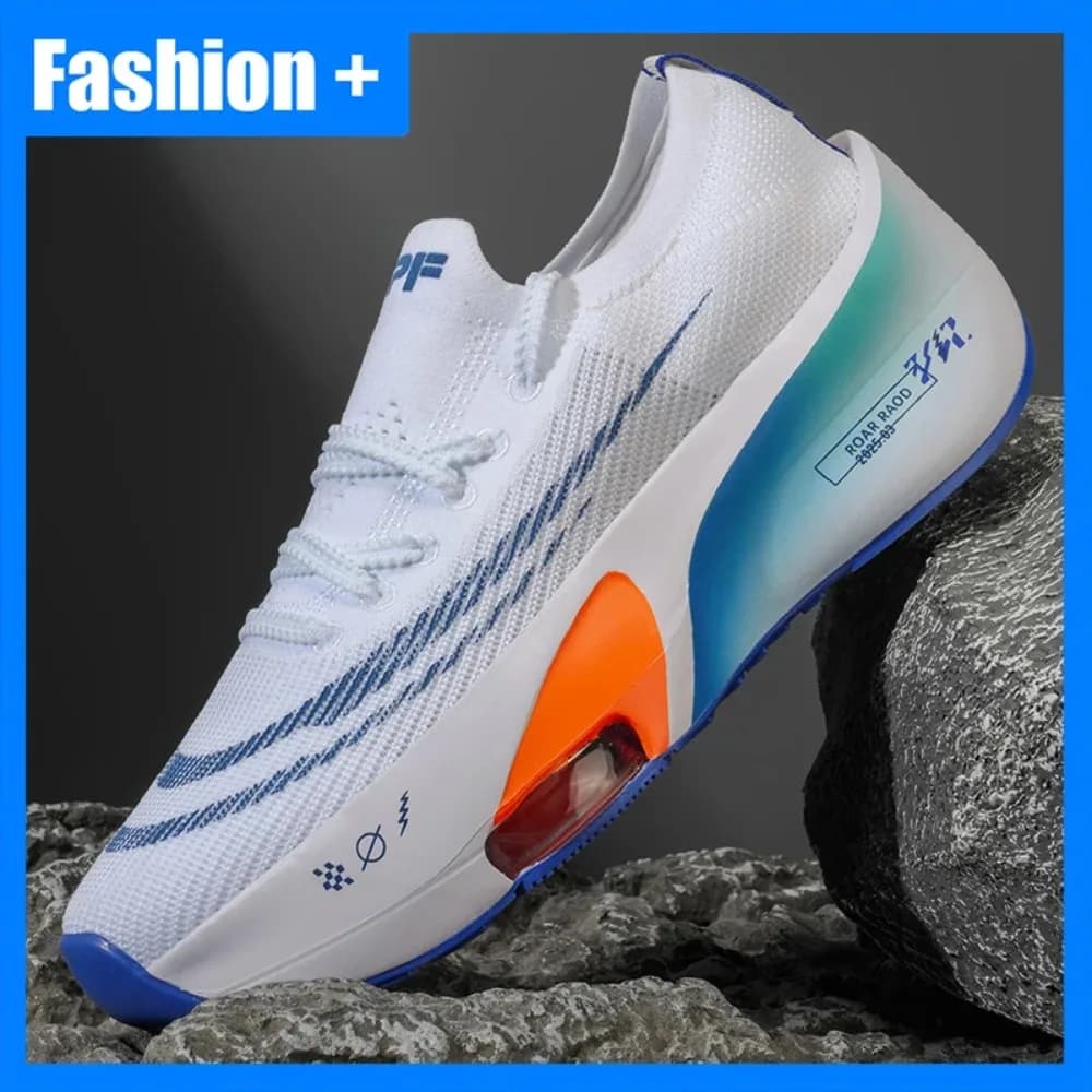 Comfortable men's racing shoes, non-slip, with thick, fashionable sole, breathable mesh, with laces, for outdoor running and training.