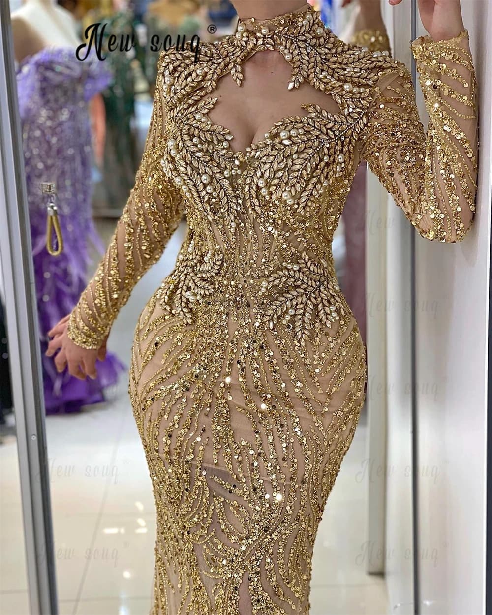 Gold Crystals Cut-out Prom Dresses Luxury Dubai Wedding Party Dress Formal Mermaid Sequins Women Dinner Evening Dress Customized