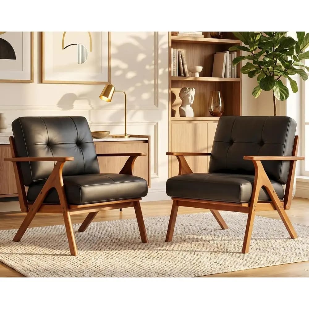 Curved Arm Leather Chairs Set of 2, Solid Wood Frame, Upholstered Lounge Chairs with Thick Cushion, Suitable for Living Room, Of