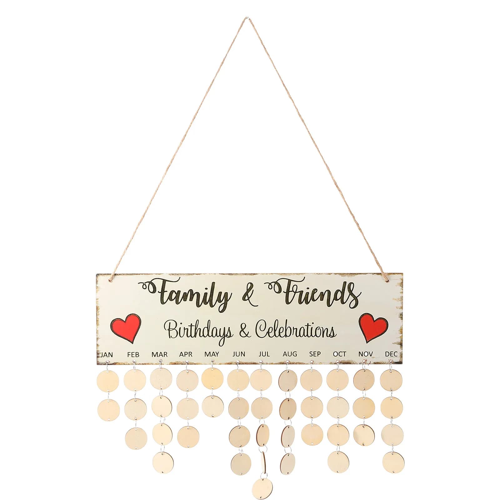 1 targa calendario in legno 40x12x0,5 cm, colorata, per promemoria compleanni familiari, con 50 dischi rotondi, anelli in ferro e corda per appendere a parete