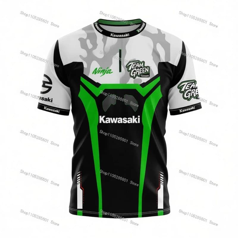 T-shirt a maniche corte stampata a tema moto Kawasaki, top sportivo casual per gli appassionati di corse, estivo, traspirante e alla moda