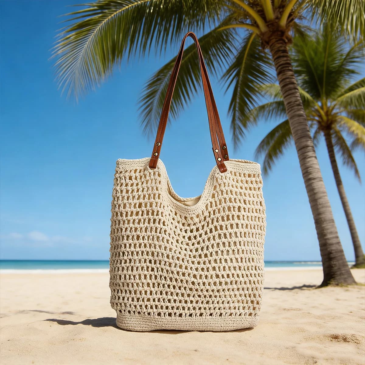 Women's Tote Bag Fresh Vacation, Lightweight and Soft Shoulder Bag with Open Weaving, Great Capacity, Breathable, for Holiday and Shopping