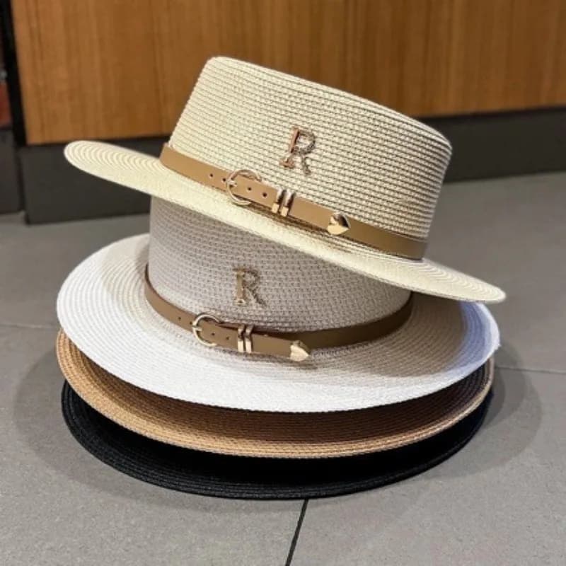 New straw hat with letter R buckle in metal for leisure summer travel hat with sun protection fashionable beach hat woman hat Vintage church hats