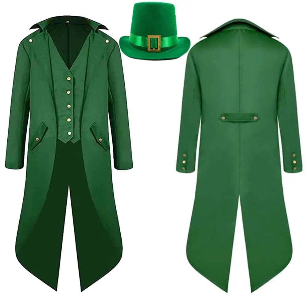 Costume da giorno di San Patrizio per uomo Steampunk Retro Cosplay Giacca Cappotto Cappello Uomo Travestimento maschile Abiti Vestito da festa di carnevale di Halloween