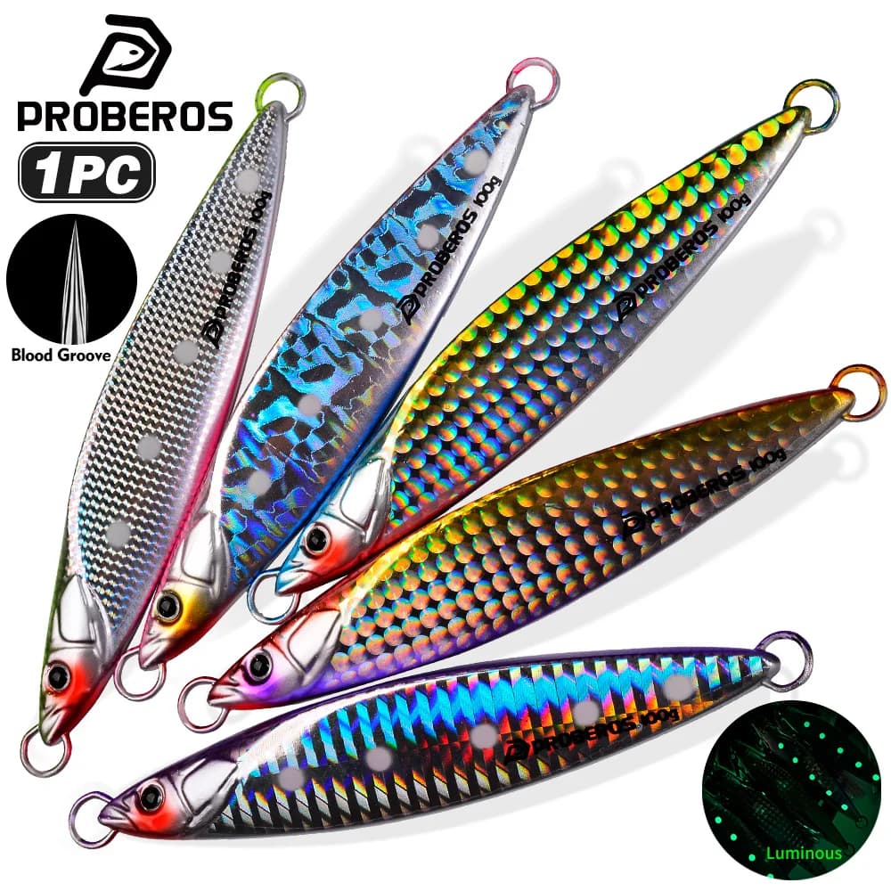 Proberos 1PC Esca Artificiale Luminosa 3D con Rivestimento per Jigging 40g-100g, Piatto in Ferro, Metallo, Piombo, Esche Dure per Pesca al Bass e in Acqua Salata