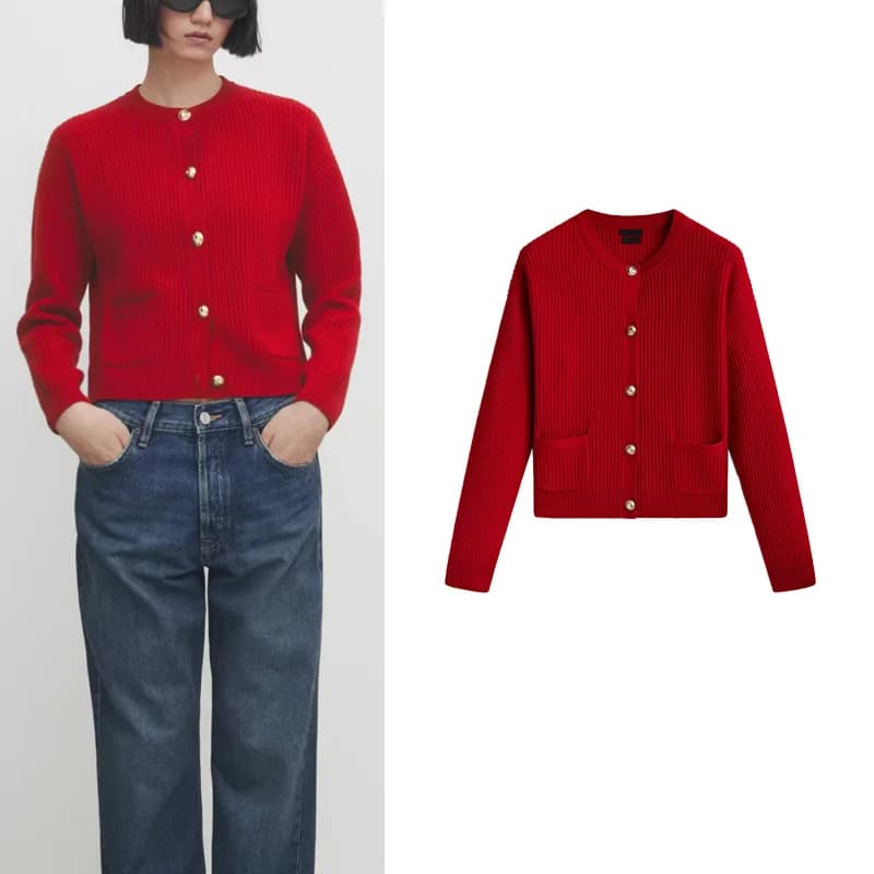 Nuova Giacca Corta Primaverile Rossa Morbida e Confortevole in Maglia Anti-Puntura, Cardigan Aperto da Donna a Maniche Lunghe in Lana, Lunghezza Regolare
