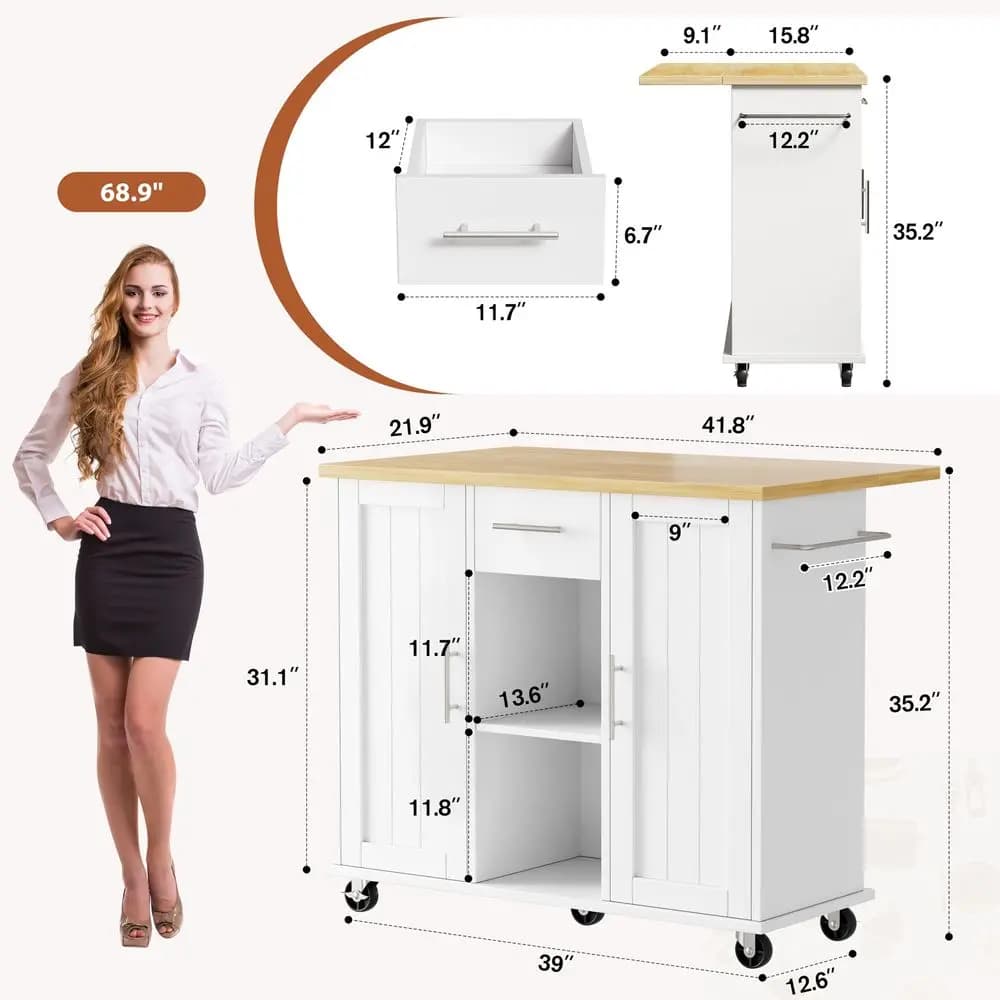 QAQA 42 Isola da Cucina con Spazio di Archiviazione su Ruote, Tavolo Girevole con Piano Ribaltabile, Cassetti, Maniglia per Carrello per Portasciugamani o Movimentazione Libera