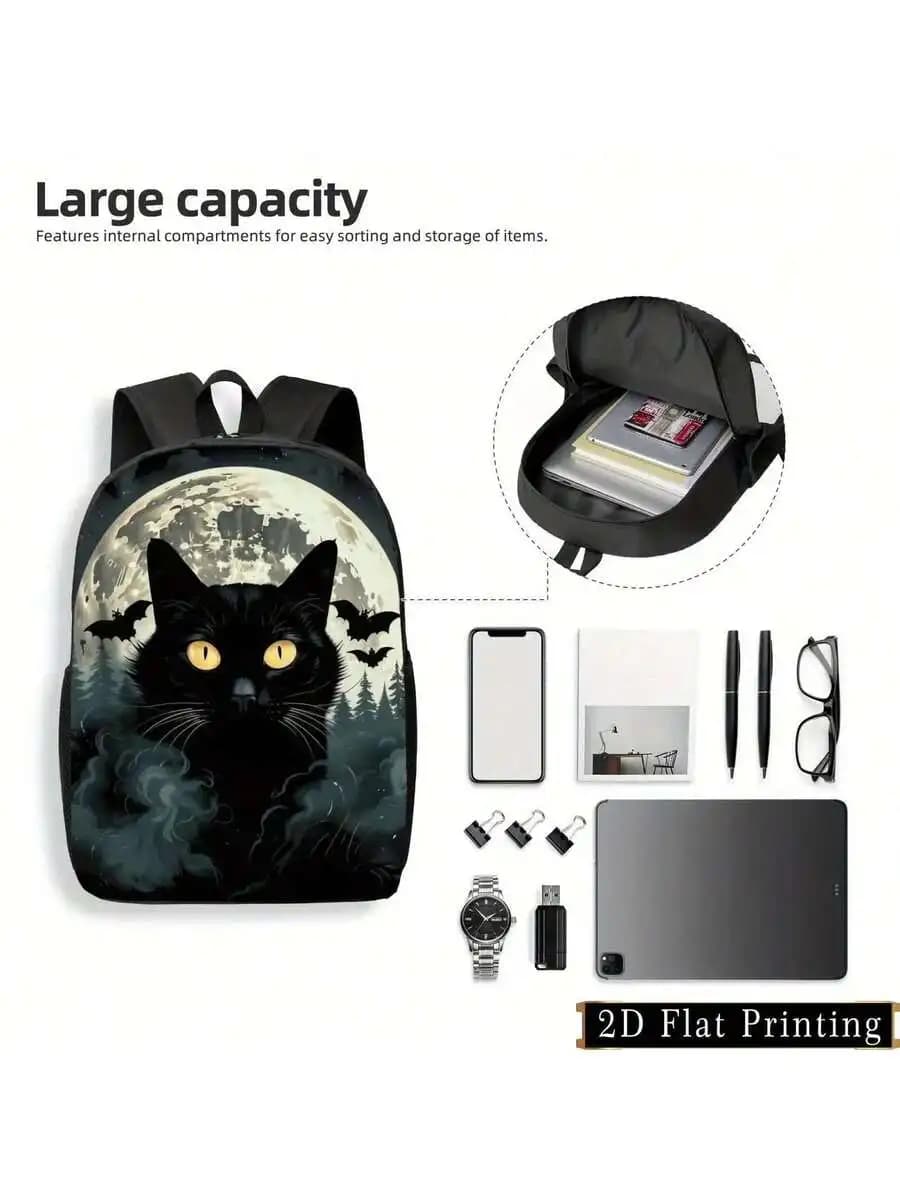 Black Cat Moonlit Forest Backpack Large Capacity 2D Flat Printing Casual Daypack For Daily Commute Travel