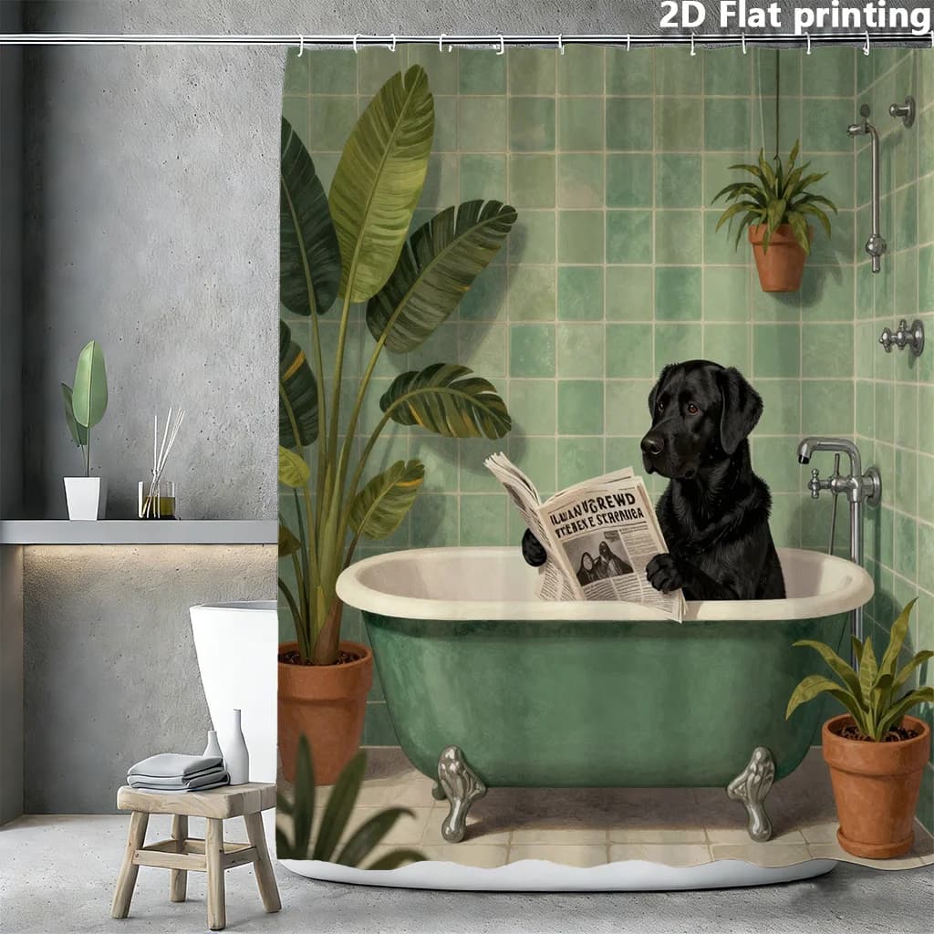 2D Flat, 1qc 2D Flat Printing Curtain Shower A Black Dog Reading Newspaper In Green Bathtub with Potted Plants Green Tile Backgr