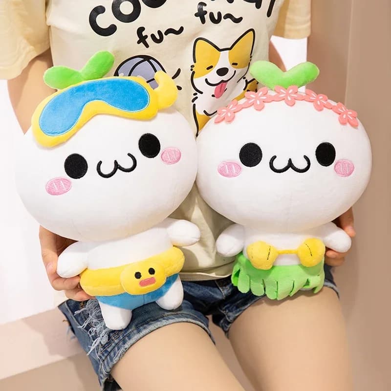 Peluche Budding Pop a tema spiaggia estiva, bambola di peluche Kawaii, simpatico peluche Zhangcao Yantuanzi con occhialini da nuoto e gonna hula