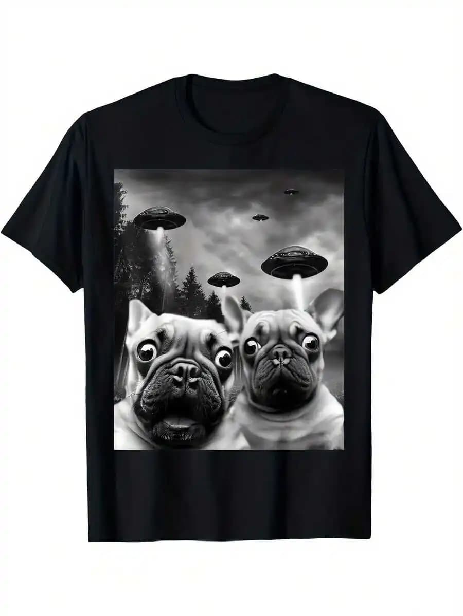 Frenchie UFO Selfie - Divertente maglietta con stampa di bulldog francese alieno, girocollo, manica corta, casual