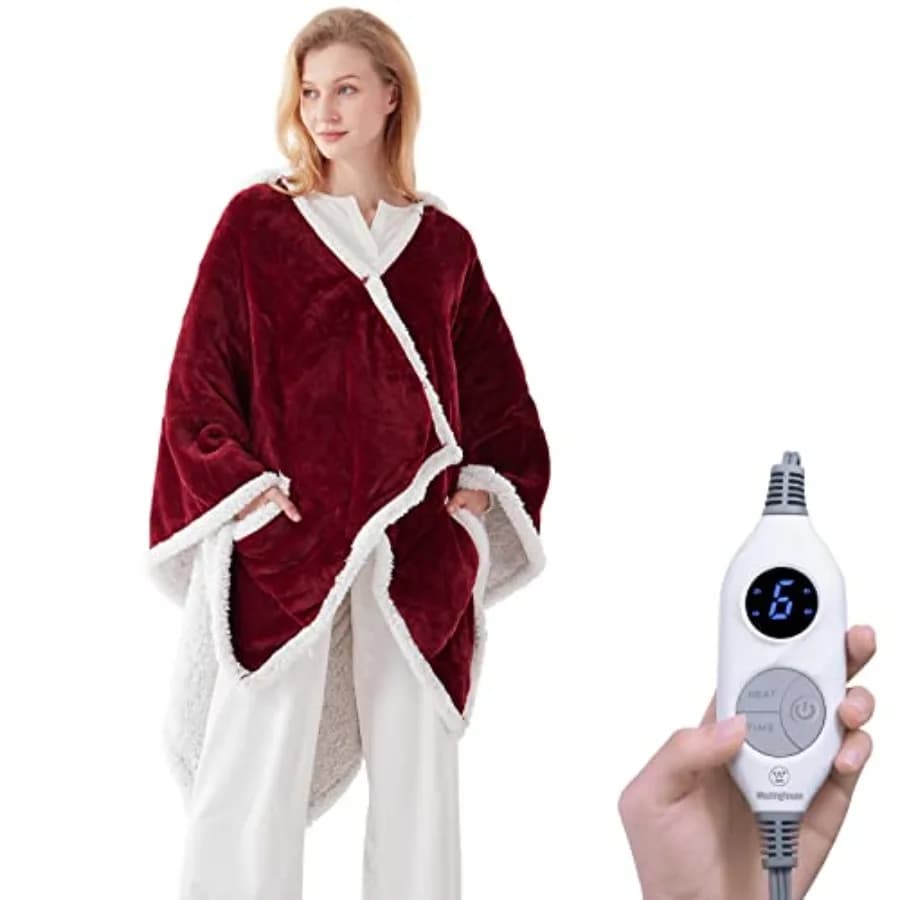 Coperta Riscaldante Indossabile, Poncho Elettrico Riscaldato con Tasche, 6 Livelli di Calore e Impostazioni da 2 a 10 Ore