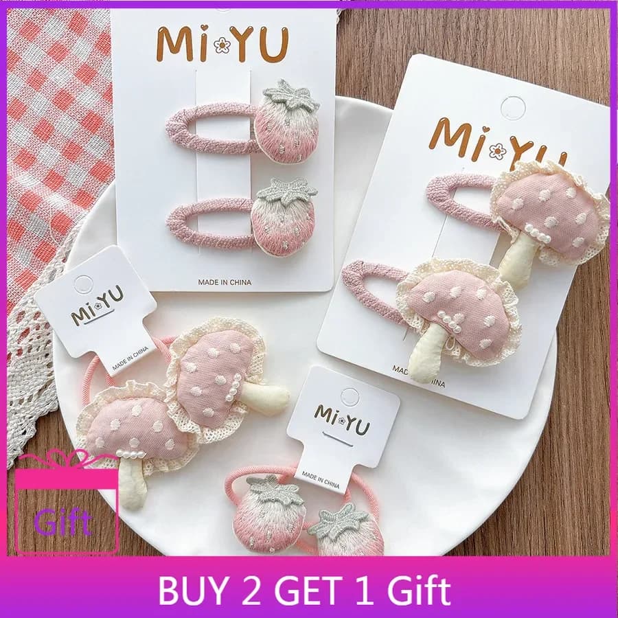 Stile coreano dolce morbido tono rosa ricamato fragola bambini BB clip forcine ragazze pizzo funghi laterali elastici per capelli