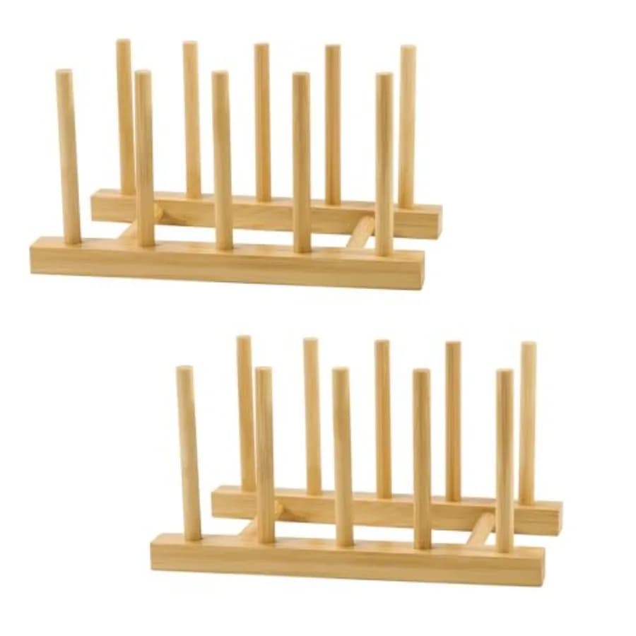 2-Pack Bamboo Kitchen Rack with 4 Slots and 5 Connector Pegs Vertical Organizer for Plates, Pots, Lids, Bowls and Cutting Board