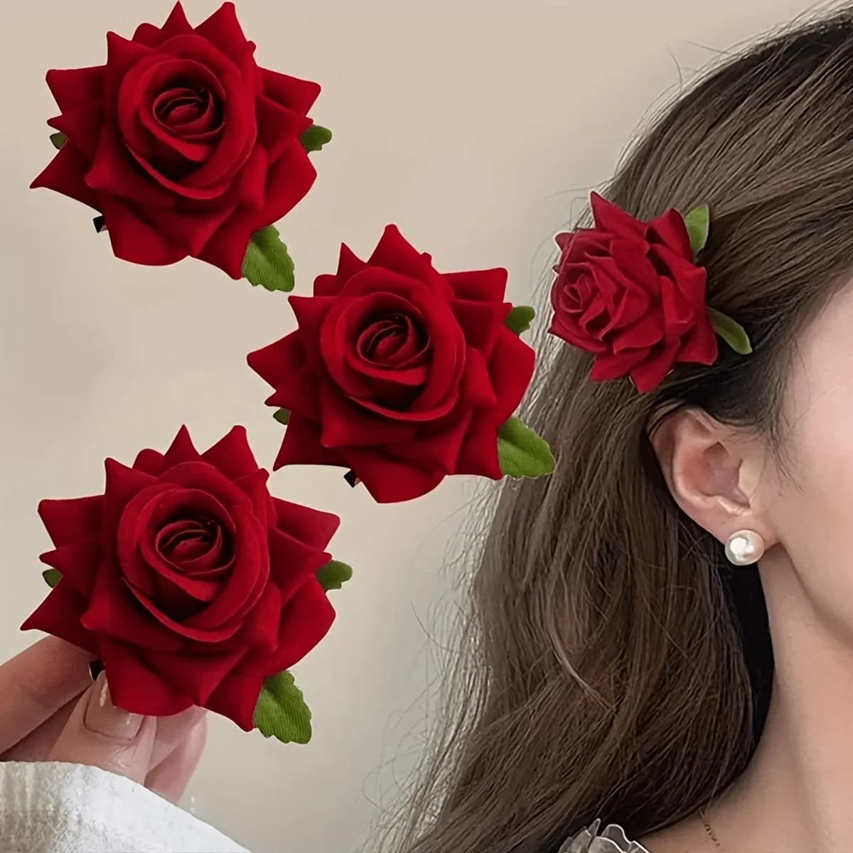 Set di 3 Accessori per Capelli a Forma di Fiore Rosso: Mollette a Rosa, Mollette Laterali e Fermagli Laterali