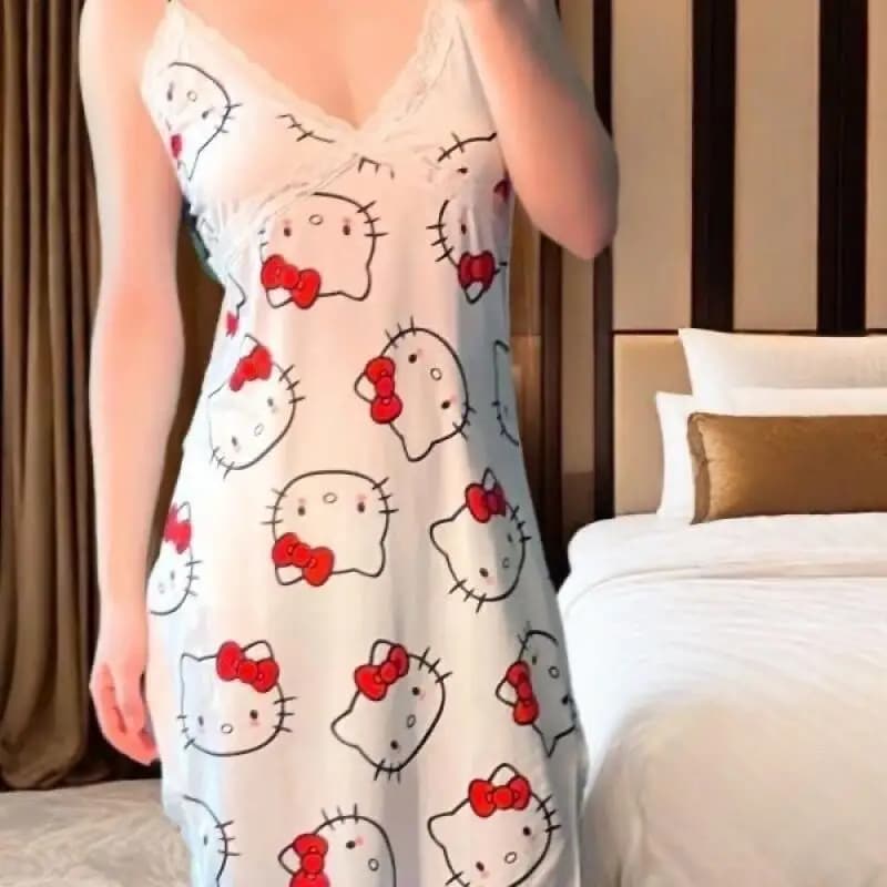 Hello Kitty Pajamas Girl Nightdress Cartoon Ice Silk Cooling Sensation Strapless Dress Sweet Comfortable Homewear Girl's Gift