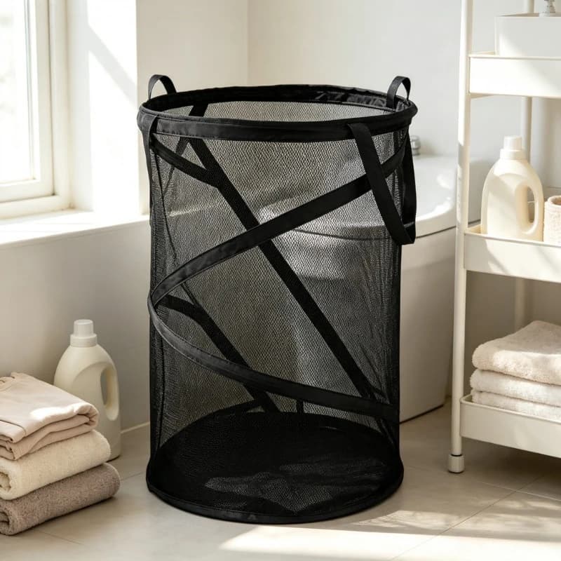 Collapsible Mesh Laundry Hamper Dirty Clothes Storage Basket Household Organizer for Bathroom Bedroom Dorm Laundry Room Supplies