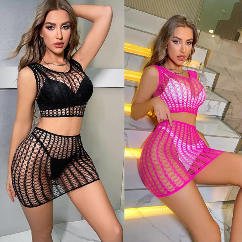 Bikini scavato Set due pezzi Rete da pesca Borsa da spiaggia da donna Gonna anca costumi da bagno donna 2025 Tunica da spiaggia da donna Sex shop xxx
