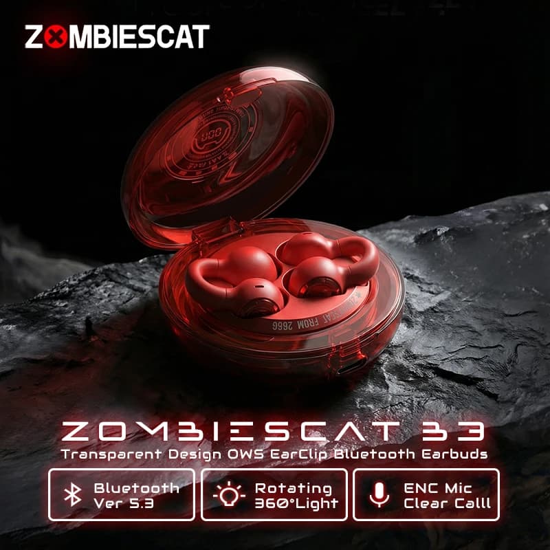 Auricolari Bluetooth Zombescat OWS con Clip per Orecchio 360 ° Cuffie Wireless con Illuminazione Surround, Auricolari TWS HiFi Stereo con Microfono