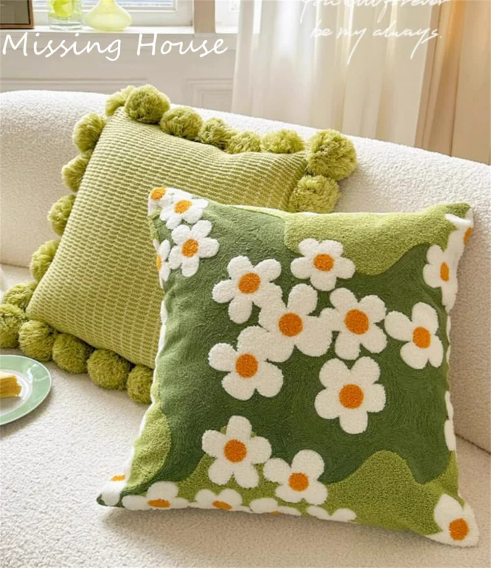 Fodera per cuscino decorativa verde con ricamo floreale effetto muschio, per divano, letto, sedia, soggiorno
