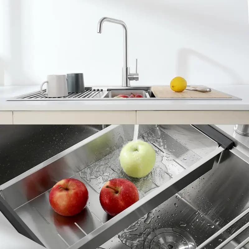 Lavello da cucina in acciaio inossidabile da 33"x22", design a vasca singola, finitura spazzolata fatta a mano, include tagliere, colino,