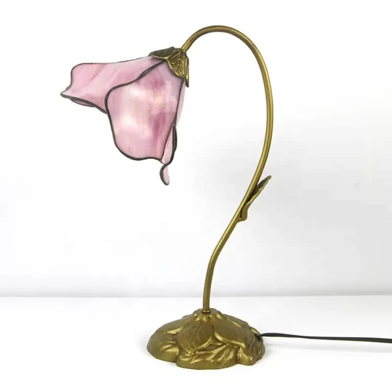 Lampada da scrivania in stile antico, lampada da scrivania fatta a mano in vetro colorato, paralume a petalo rosa