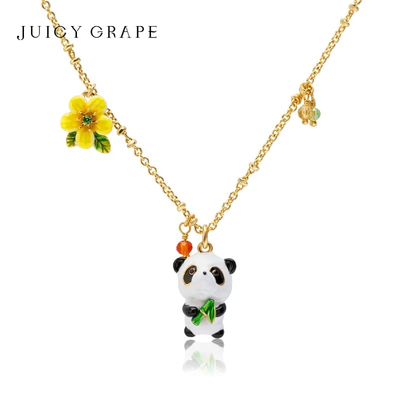 Juicy Grape Enamel Cute Panda Necklace Gold Plated Pearl Chain Floral Bamboo Animal Jewelry Gift for Women