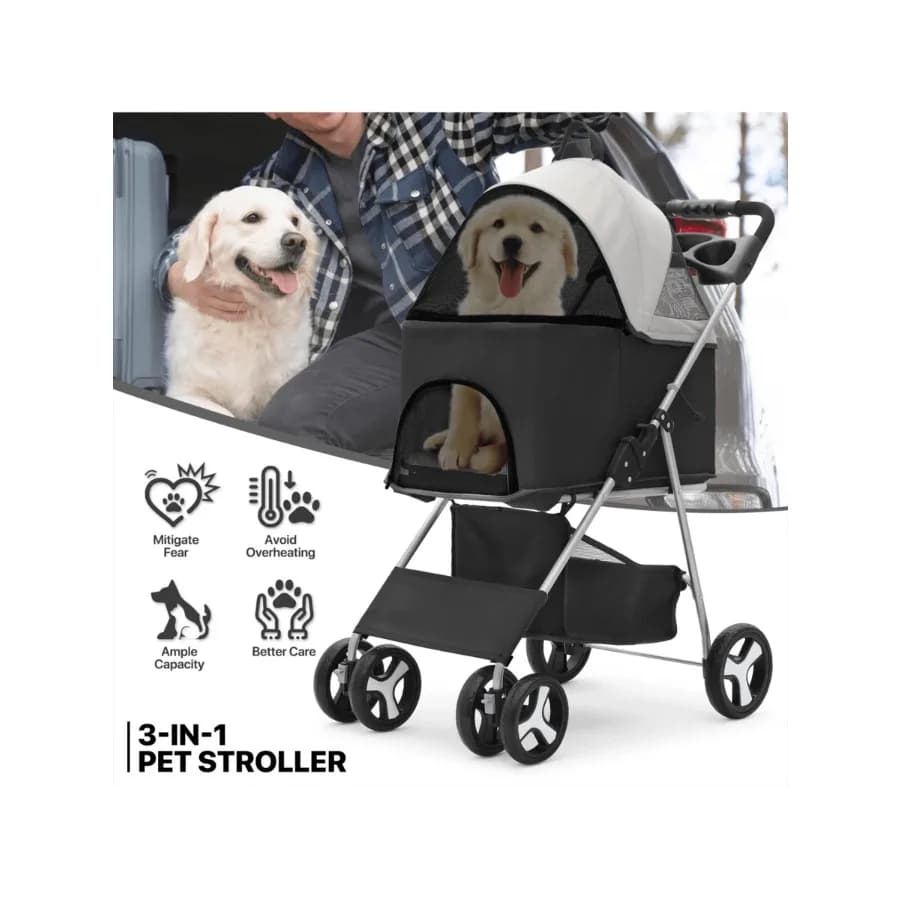 【Nuovo stile】Passeggino pieghevole 3 in 1 MoNiBloom per cani, con trasportino rimovibile, seggiolino auto e passeggino con pulsante di accesso per gatti e conigli