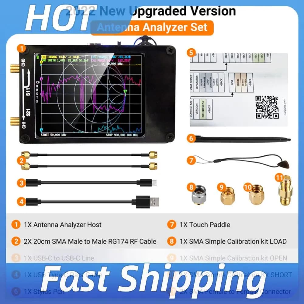 Analizzatore di Rete con Monitor TFT da 2,8 Pollici, Analizzatore Digitale di Antenne MF HF VHF UHF con Slot per Scheda SD, USB 5V 120mA per VSWR e Fase