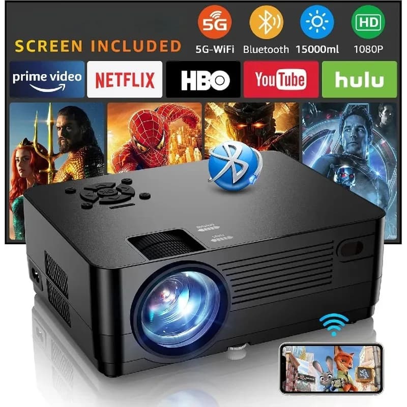 5G WiFi Bluetooth Native 1080P Screen Full HD 18000LM Movie Projector 100" Display Home Theater Compatible with Phone/TV Stick