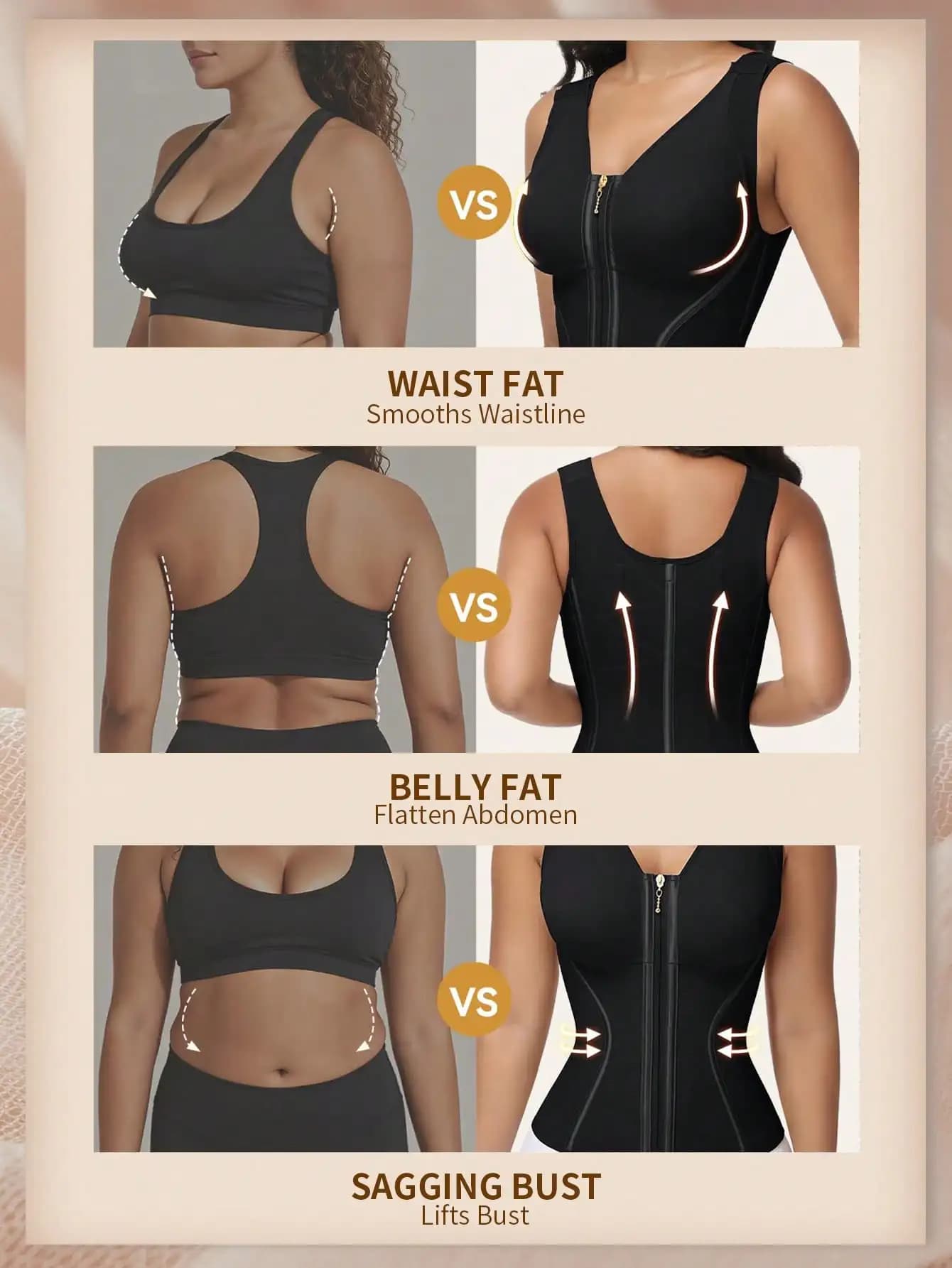 Shapewear Women Faja Waist Trainer Tummy Control Vest Body Shaper 3-Row Hooks Zipper Adjustable Strap
