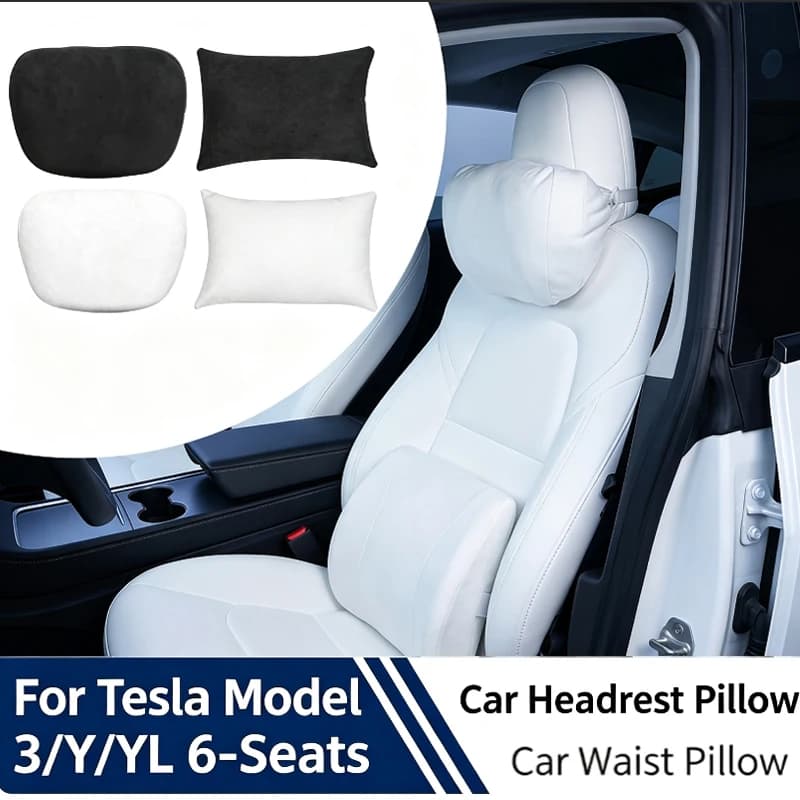 For Tesla Model 3 Y Car Seat Headrest Neck Pillow Cushion Suede Comfortable Headrest Lumbar Support Black/White Car Accessories