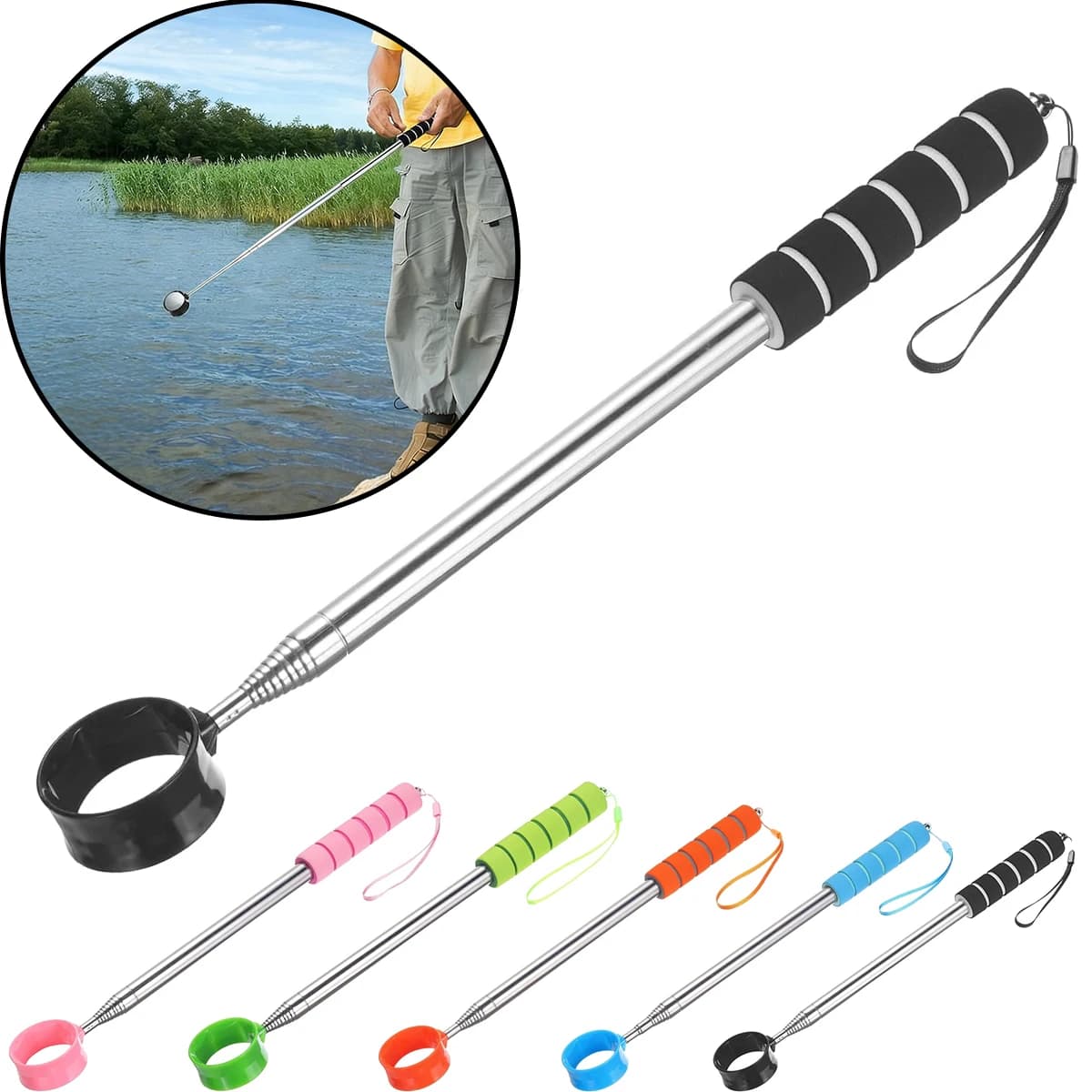 Raccoglitore Telescopico per Palline da Golf, Asta Estensibile in Alluminio, Leggero, con Cordino, per Laghetto, Lago, Acqua, Accessori da Golf