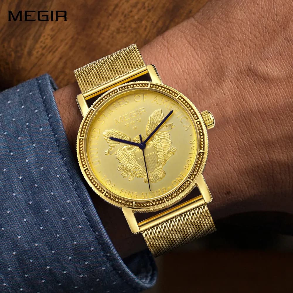 MEGIR Men's Luxury Working Watches Golden Steel Knit Strap Men's Quartz Watch Waterproof Reloj Hombre 2032 Watch